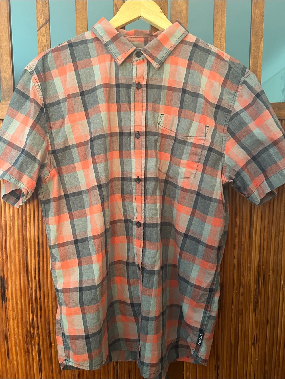 Prana Men's Short-Sleeve Plaid Button-Down Shirt - Blue, Coral & Gray